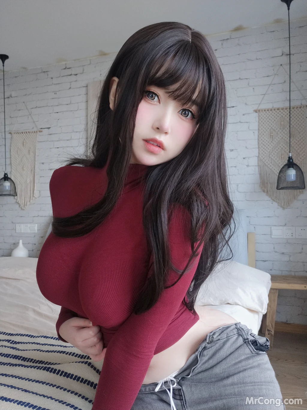 Coser@女主K: 红色毛衣的丰满妹妹 (103 photos)